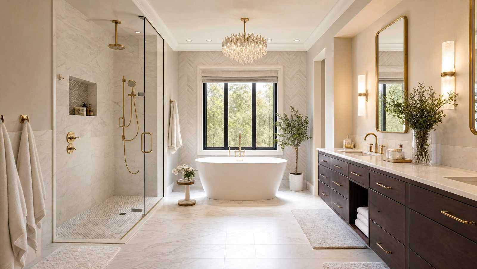 Luxury primary bathroom remodel with freestanding tub and brass fixtures by Nuntius Solutions in Atlanta