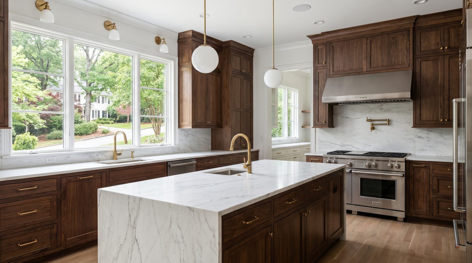Custom walnut kitchen remodel with marble island in Metro Atlanta