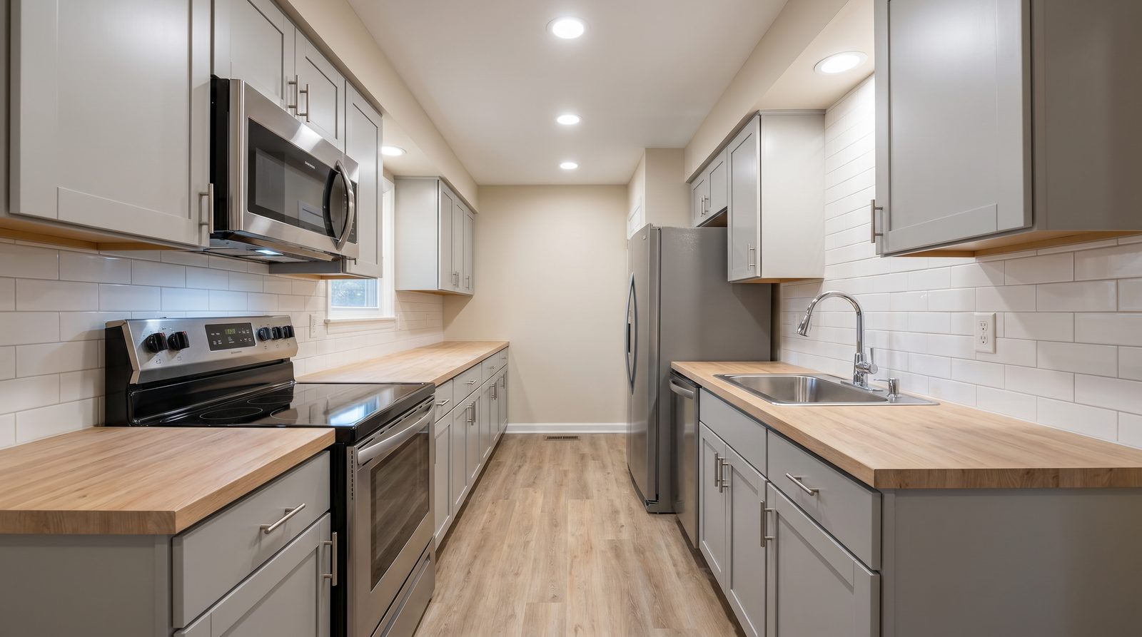 After: galley kitchen rebuild with quartz counters in Grant Park, Atlanta