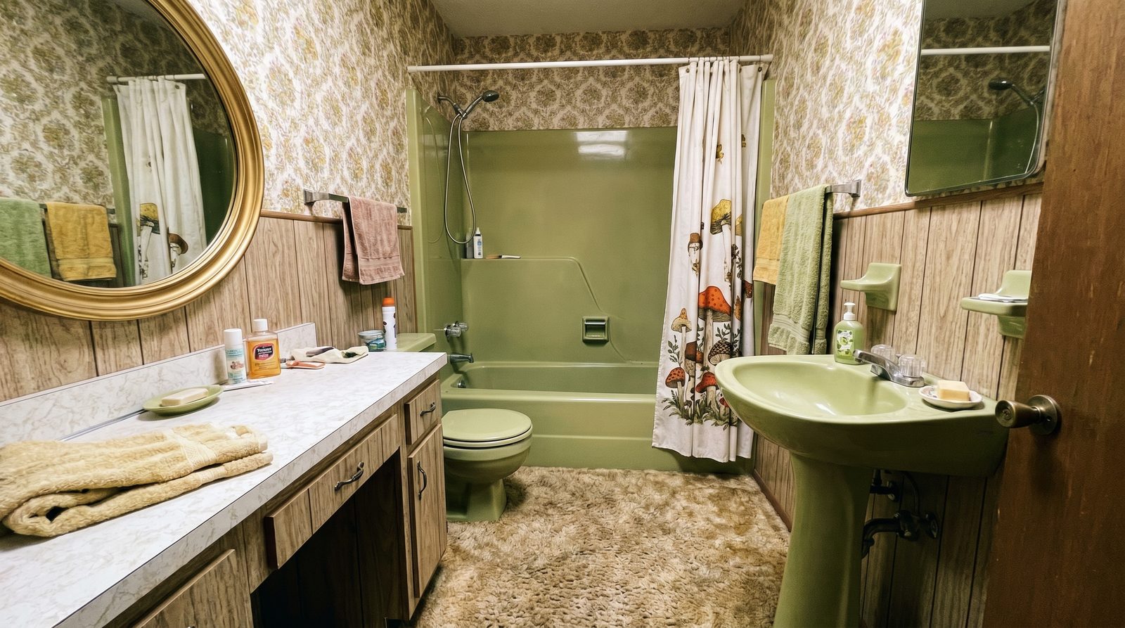 Before: 1970s bathroom with avocado fixtures prior to remodeling in Morningside, Atlanta
